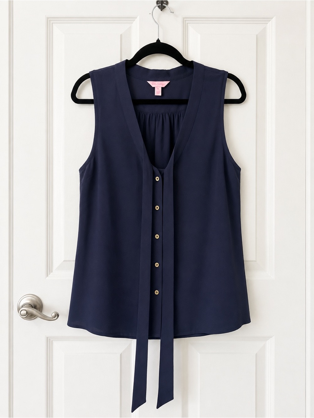 Lilly Pulitzer 100% Silk Navy Tie Front Blouse Size M
